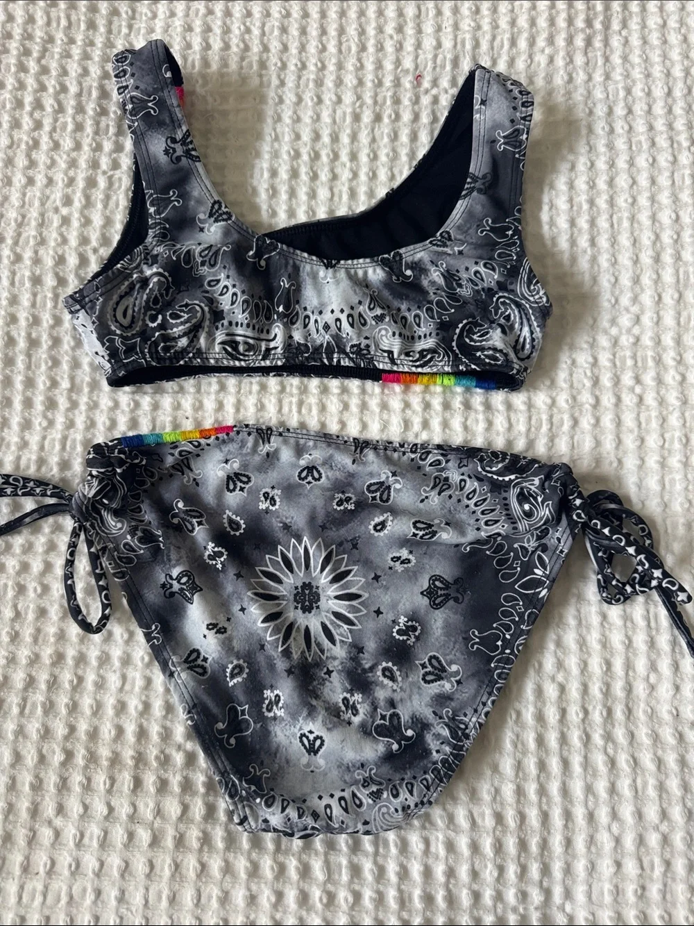 Flowers by Zoe Black Bandana Print Two-Piece Bikini with Rainbow Trim